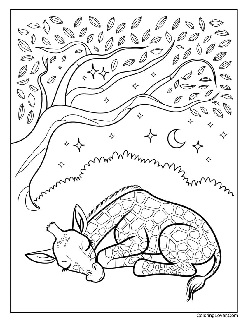 Sleeping giraffe under stars coloring sheet