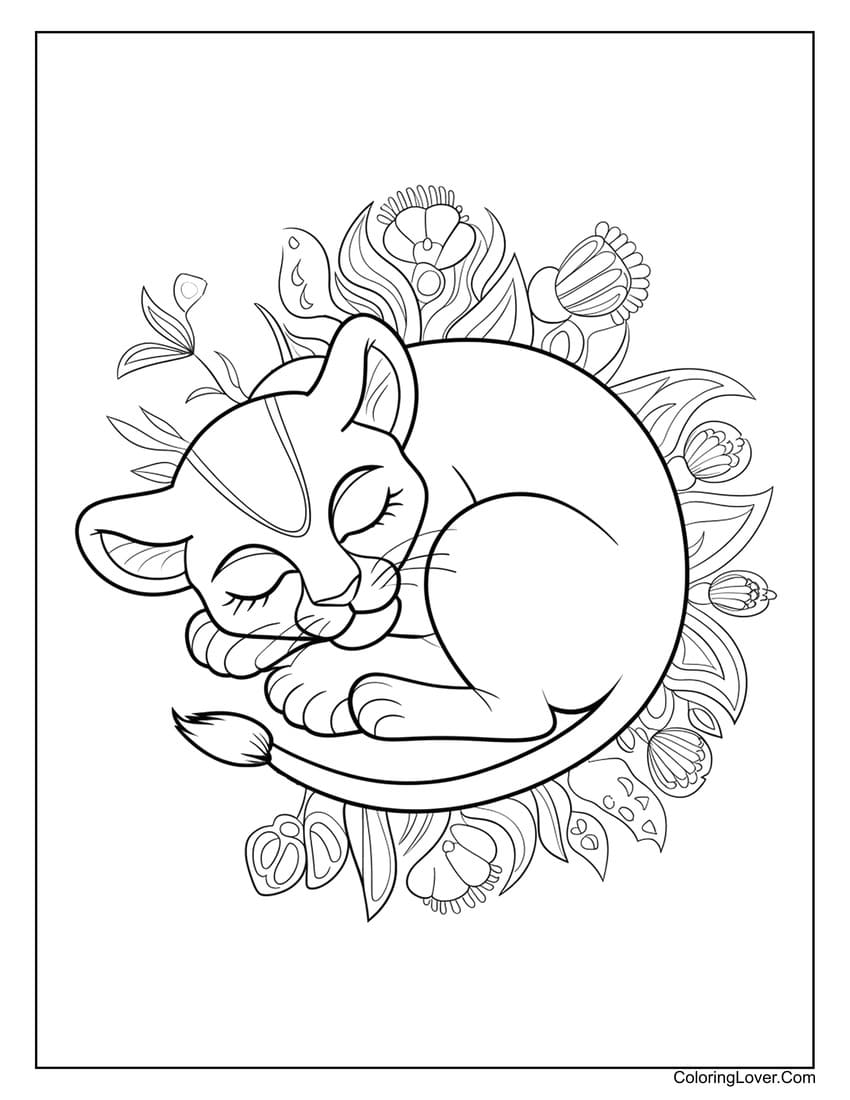 Sleeping lion cub with flowers coloring page for girls