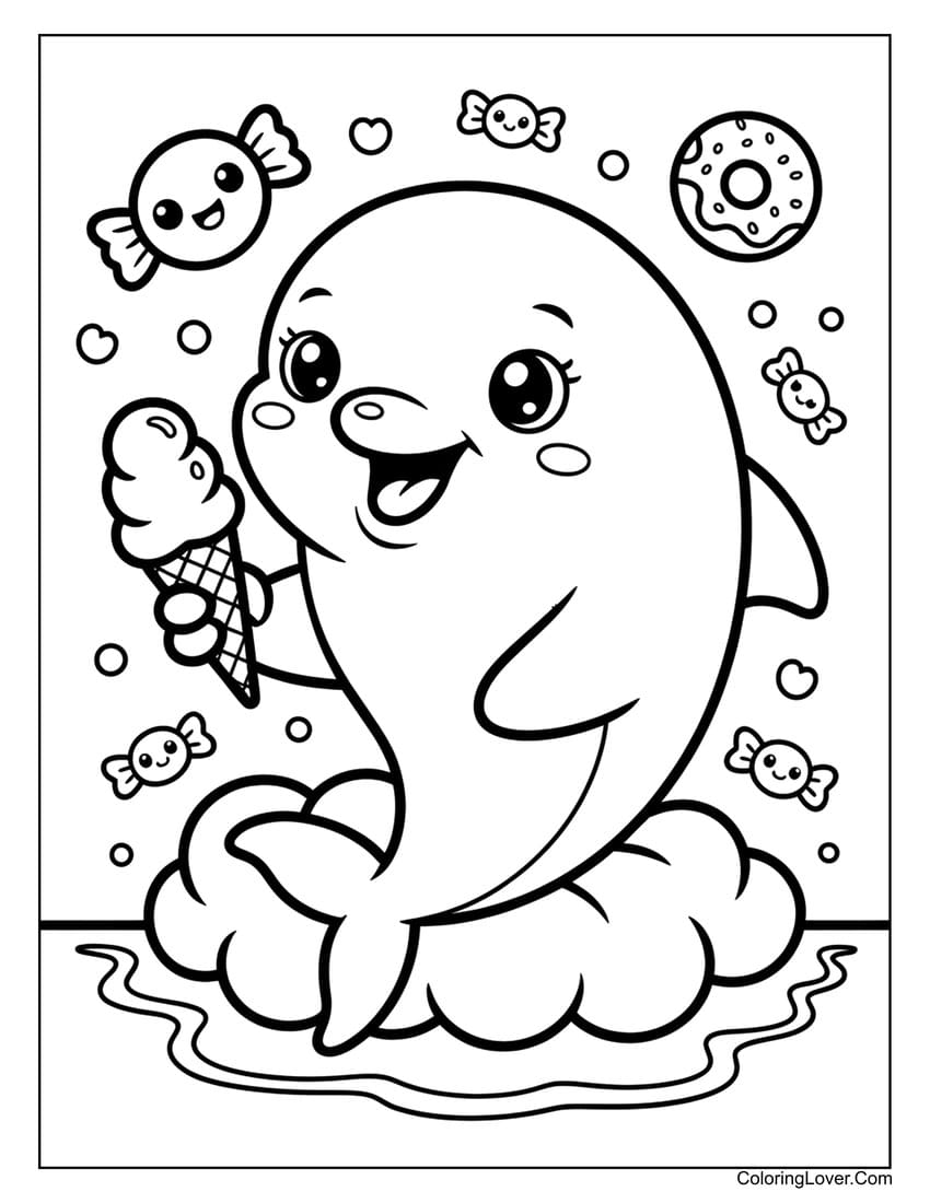 Smiling baby dolphin holding ice cream coloring page