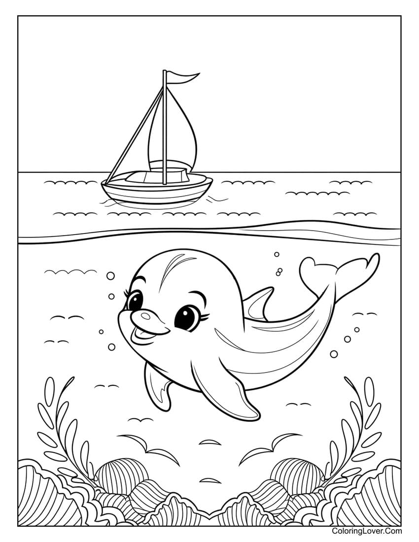 Smiling dolphin underwater with a sailboat coloring sheet