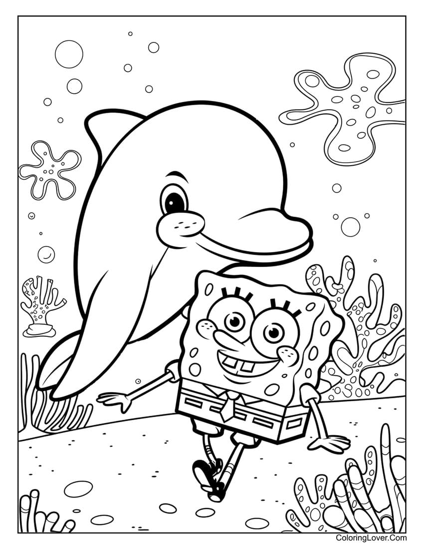 SpongeBob and dolphin underwater coloring page for kids