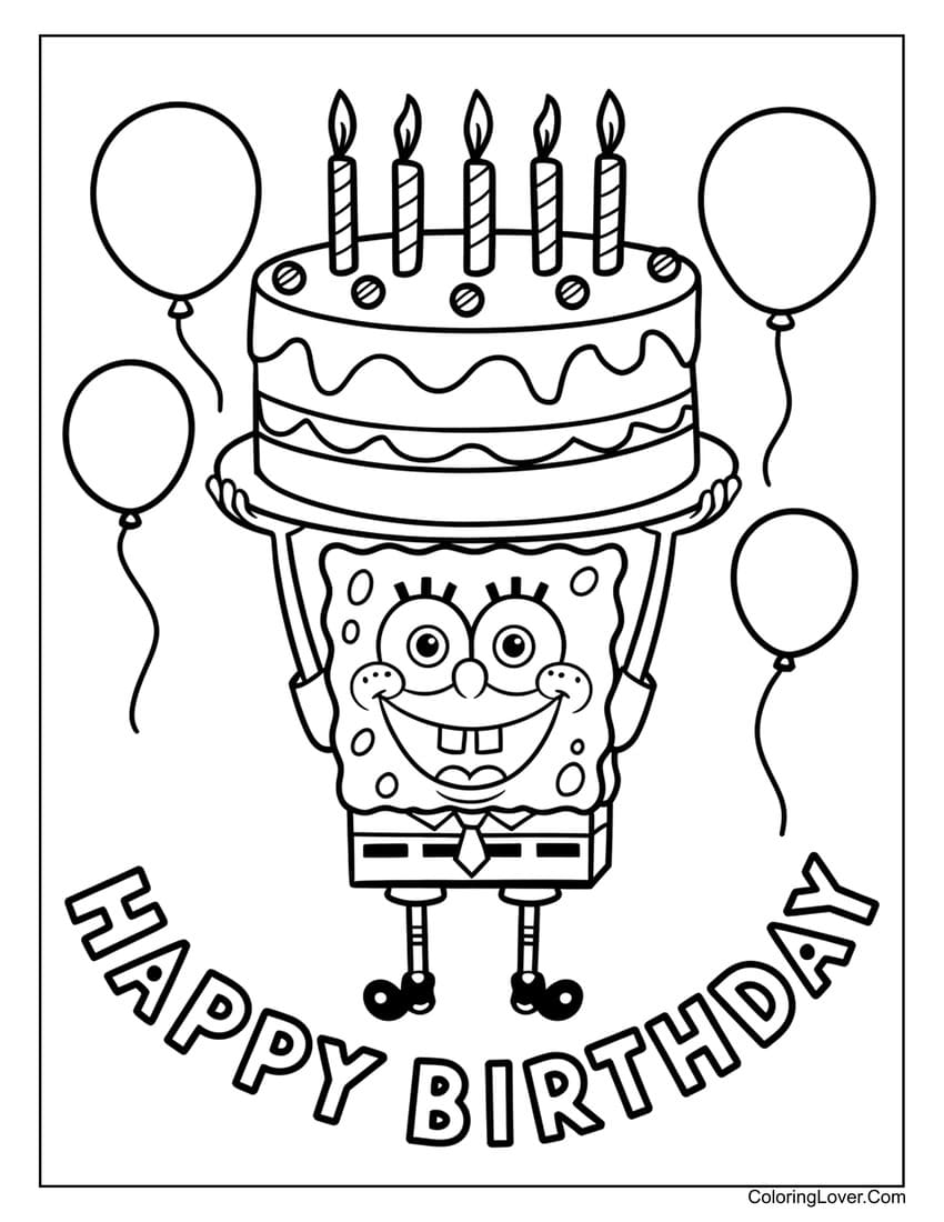 SpongeBob birthday cake printable coloring page