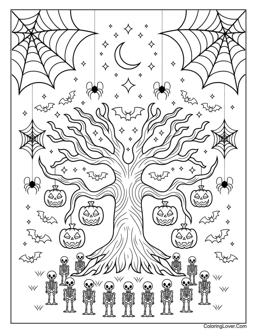 Spooky tree with jack-o-lanterns and skeletons coloring page