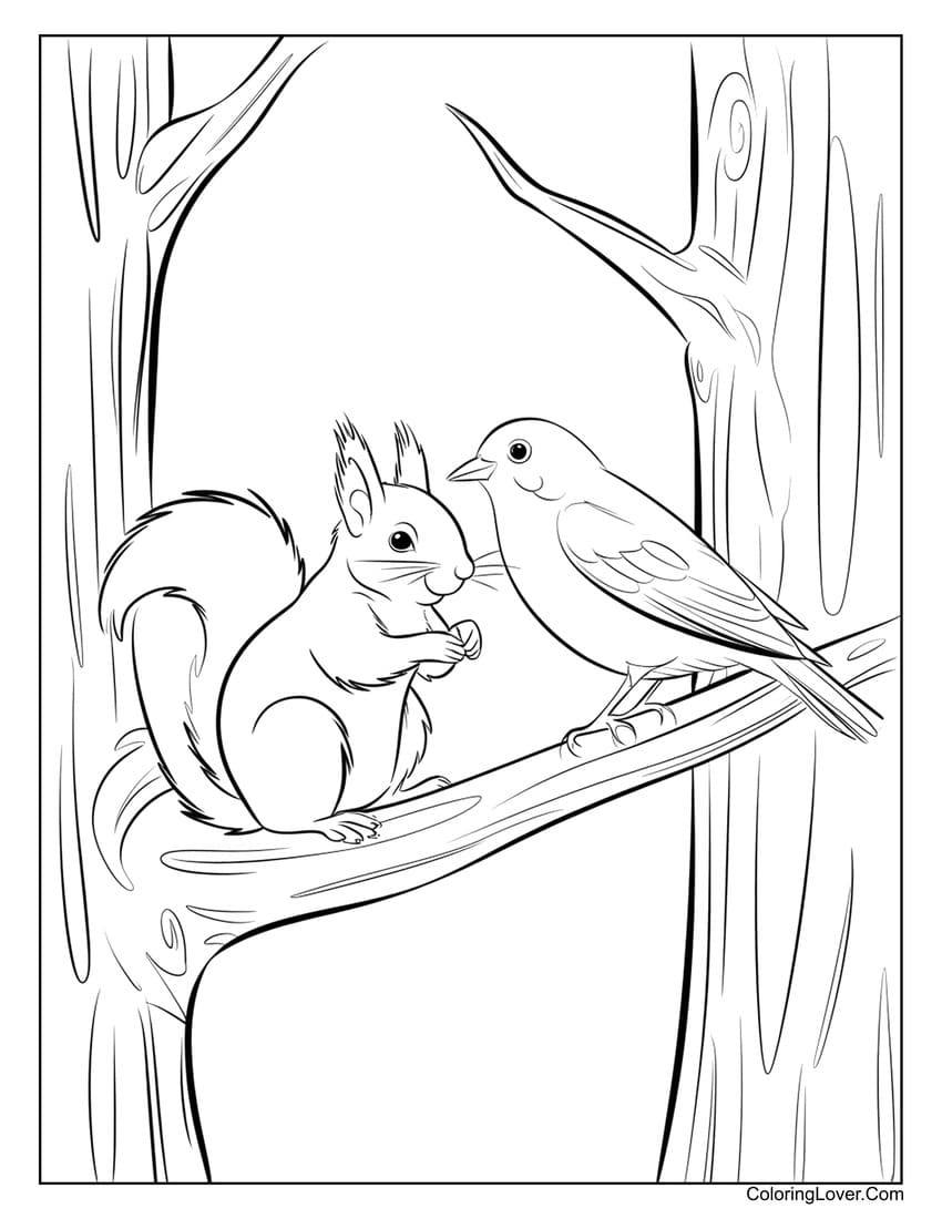 Squirrel and bird sitting on a tree coloring page for kids