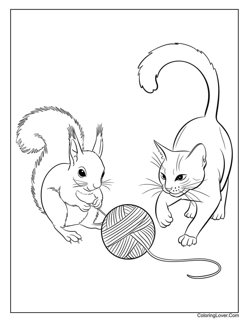 Squirrel and cat playing with yarn coloring page