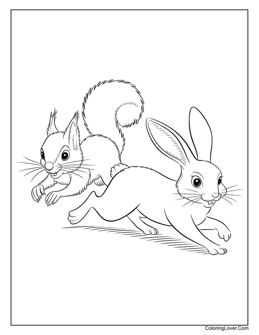 Squirrel and bunny playing chase coloring page