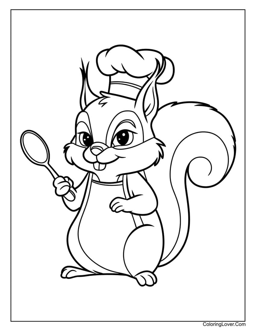 Squirrel chef holding a spoon coloring page