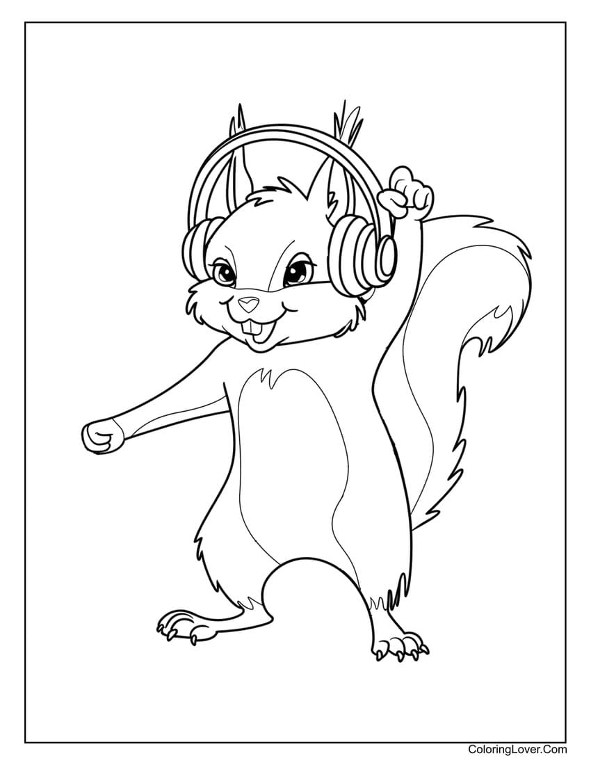 Squirrel dancing with headphones coloring page