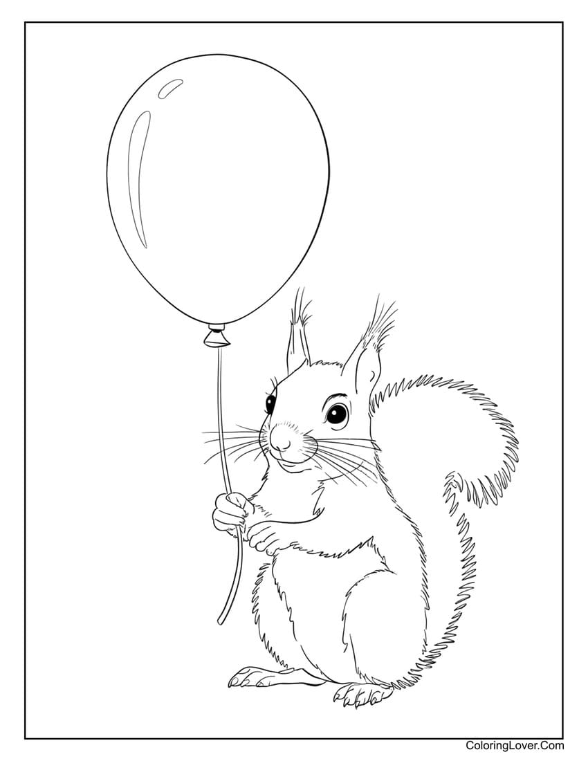 Squirrel holding a balloon coloring page for kids