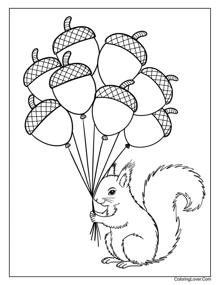 Squirrel holding acorn balloons coloring page for kids