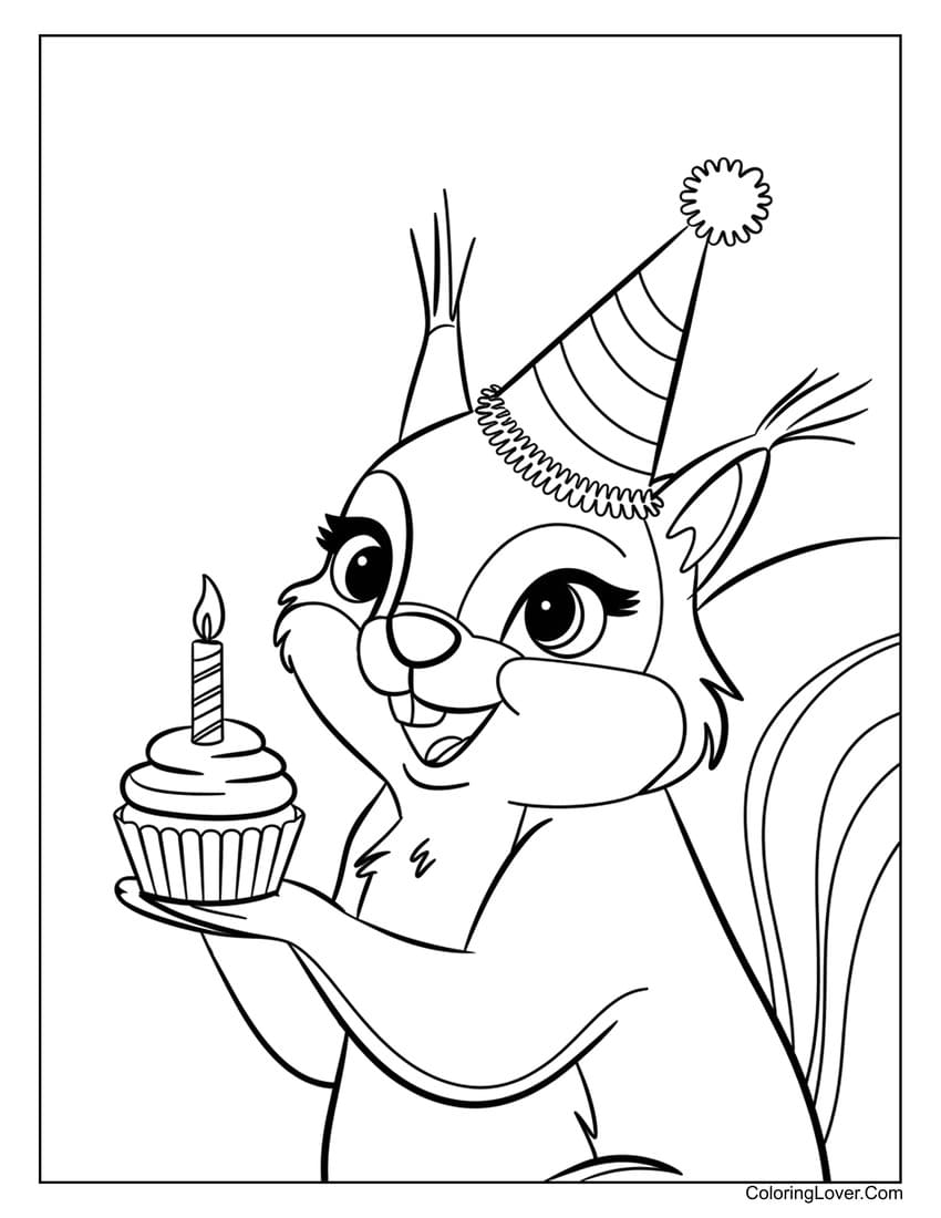 Squirrel holding birthday cupcake coloring page for kids