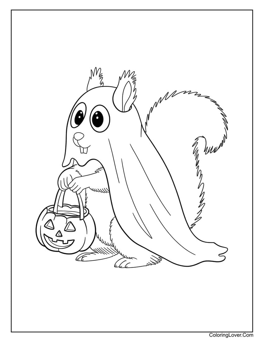 Squirrel in ghost Halloween costume coloring page