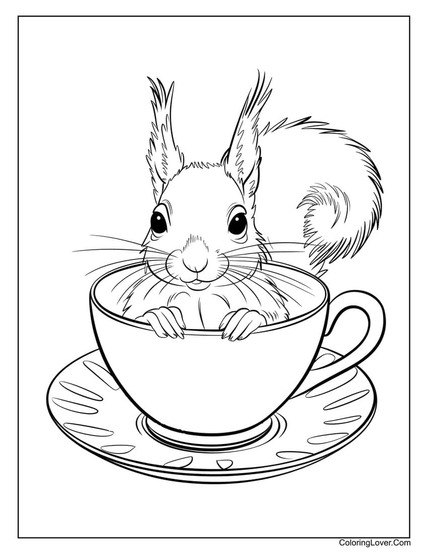 Squirrel inside a teacup coloring page for kids