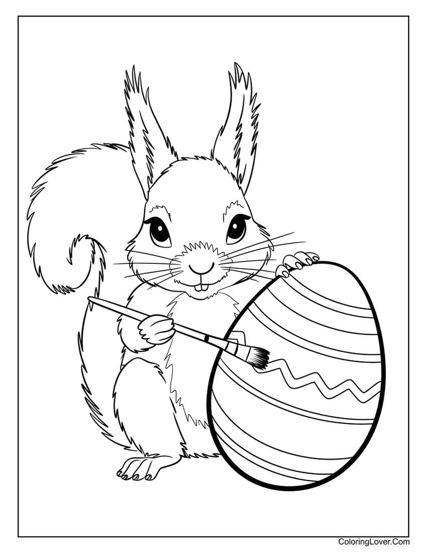 Squirrel painting Easter egg coloring page for kids