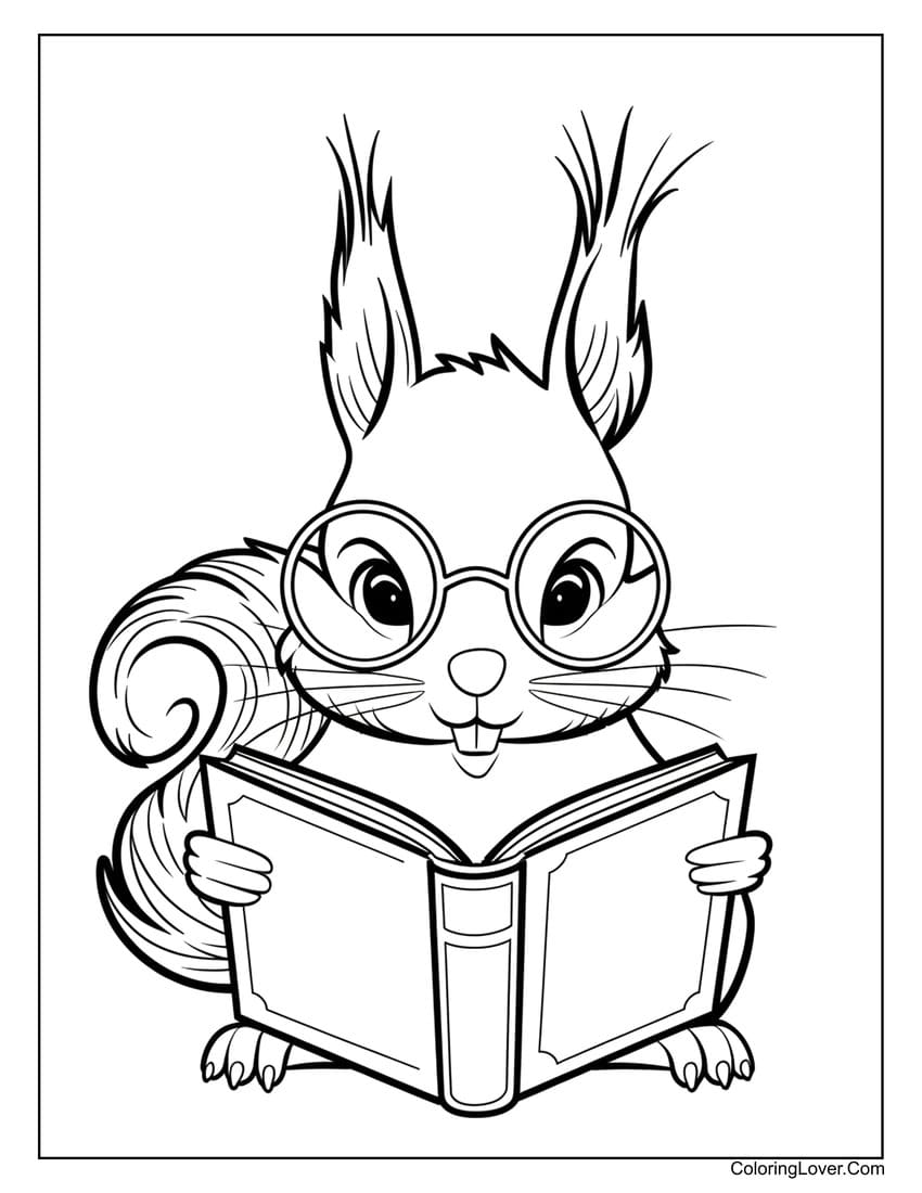 Squirrel reading a book coloring page