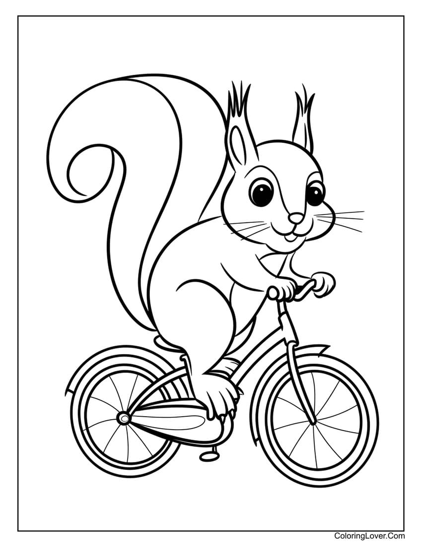 Squirrel riding a bicycle coloring page for kids