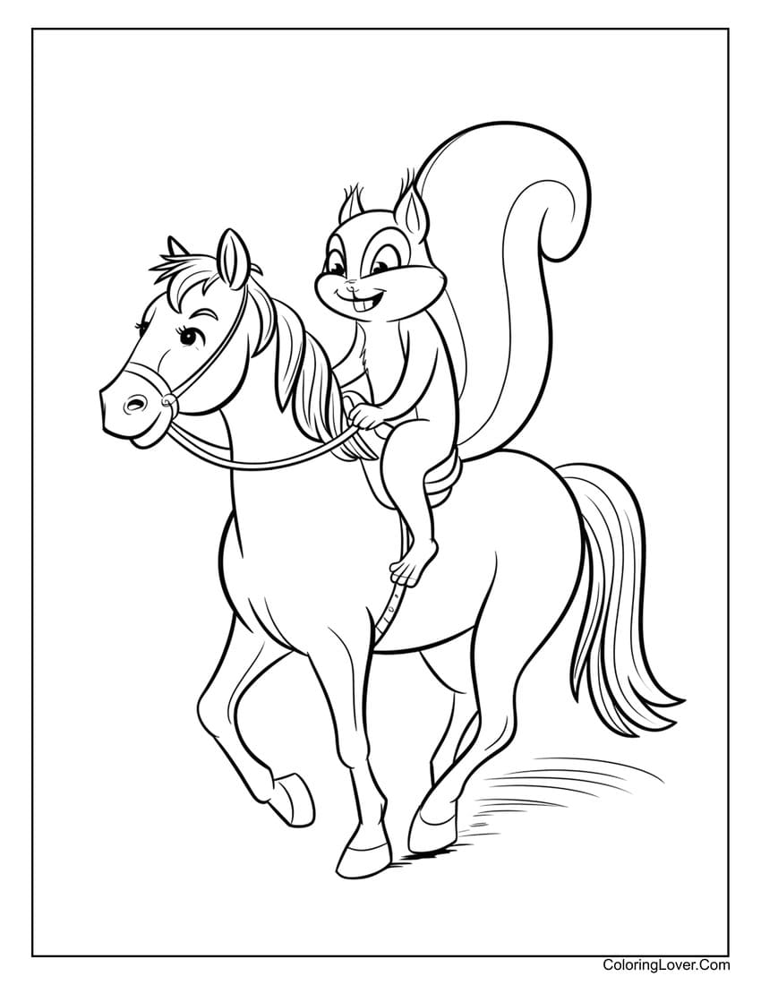 Squirrel riding a horse coloring sheet for kids