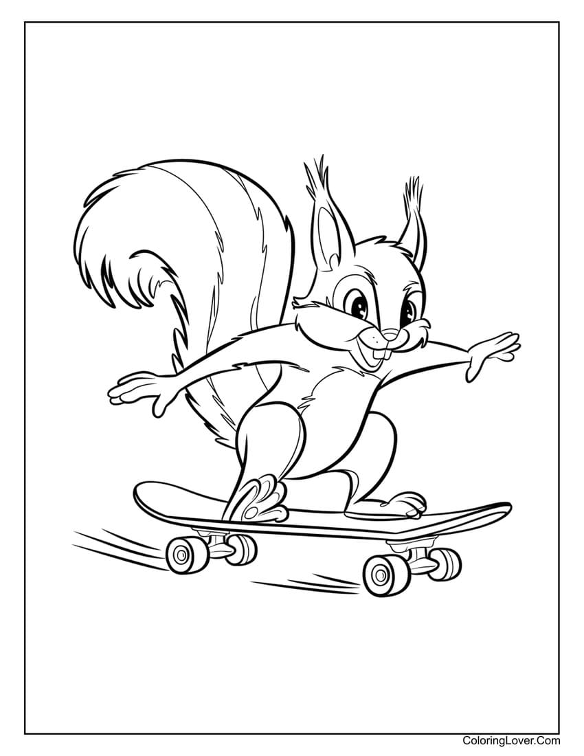 Squirrel riding a skateboard coloring page