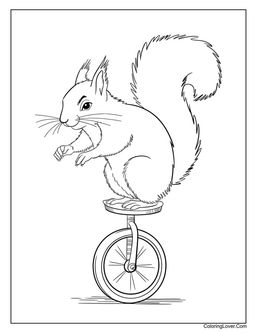 Squirrel riding a unicycle coloring page for kids