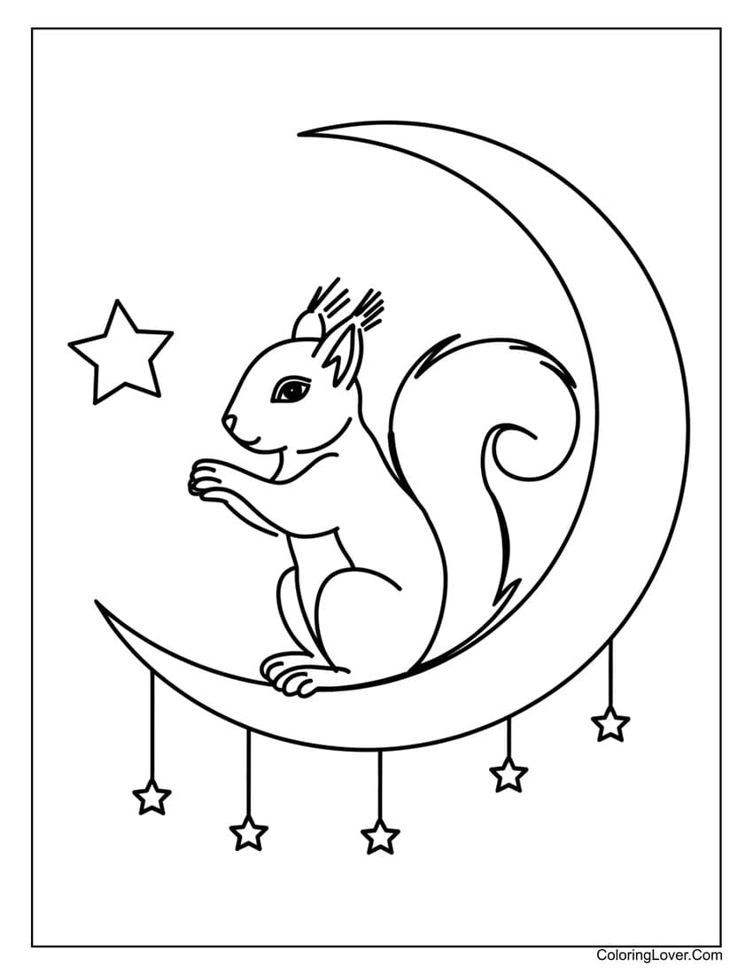 Squirrel sitting on the moon coloring page
