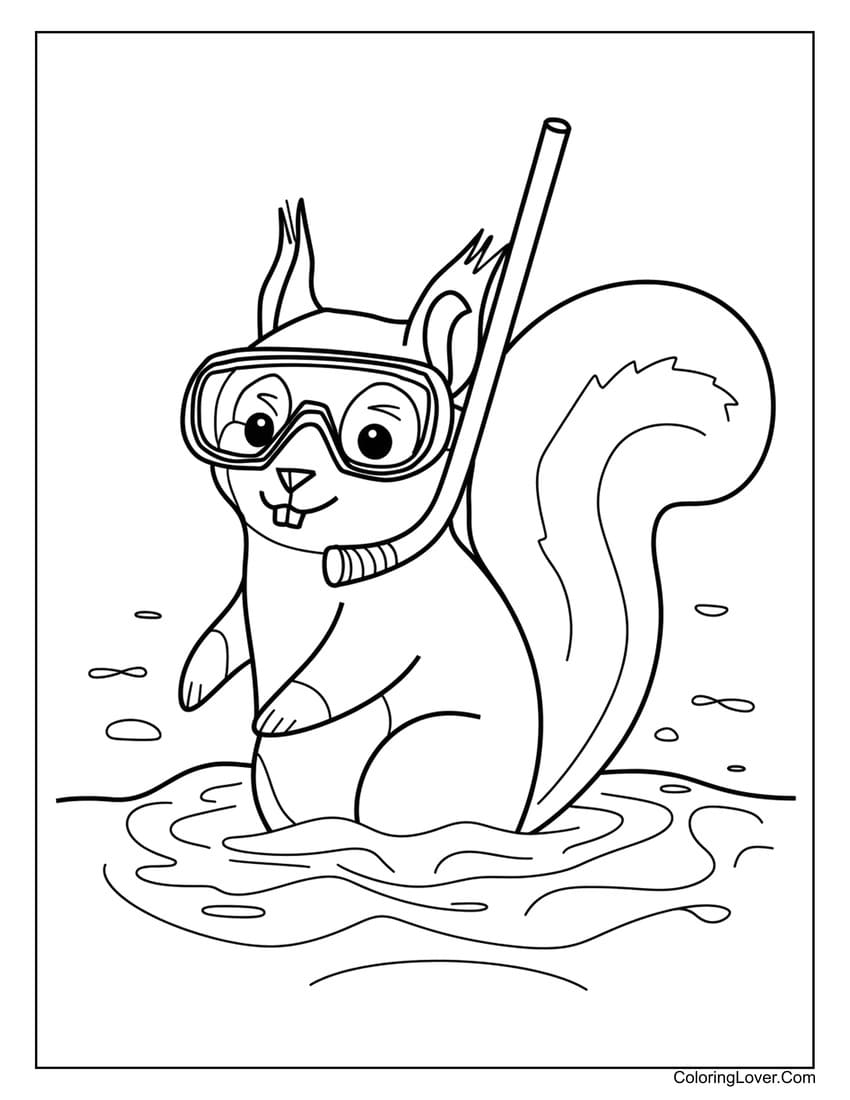 Squirrel snorkeling in the water coloring page for kids