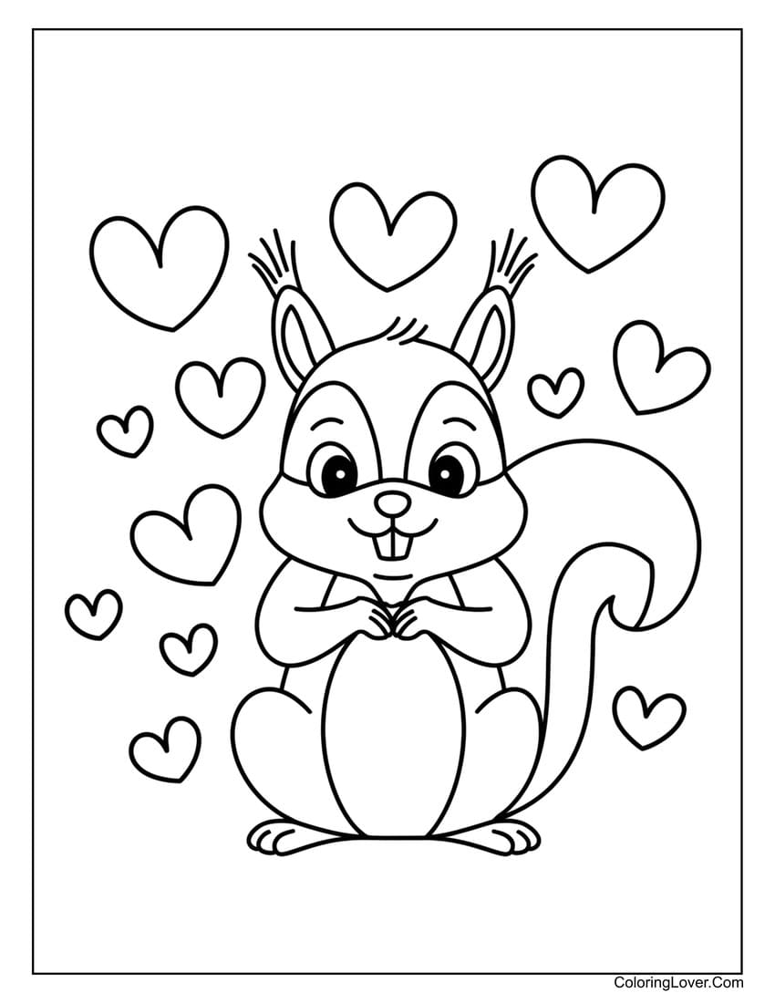 Squirrel surrounded by hearts coloring page for kids