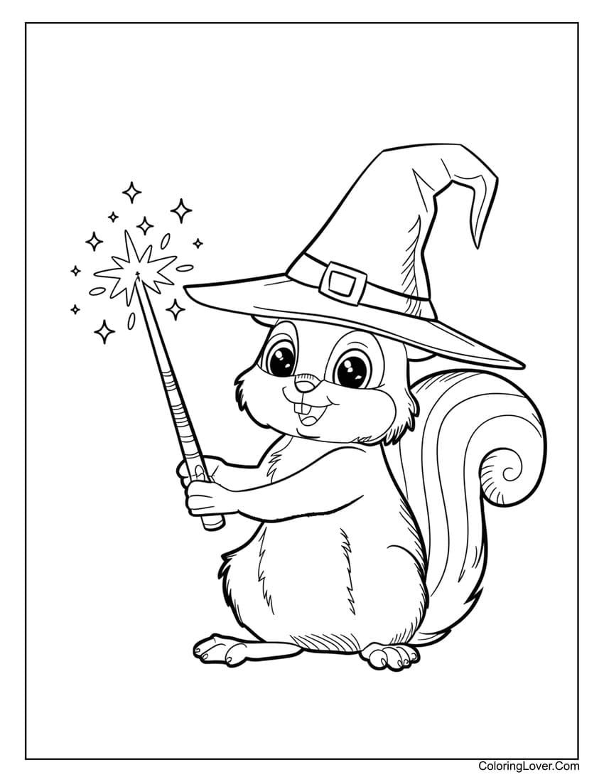 Squirrel wearing a witch hat coloring page for kids