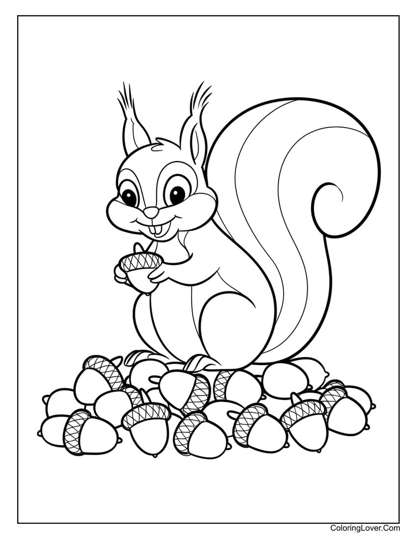 Squirrel with a pile of acorns coloring page for kids