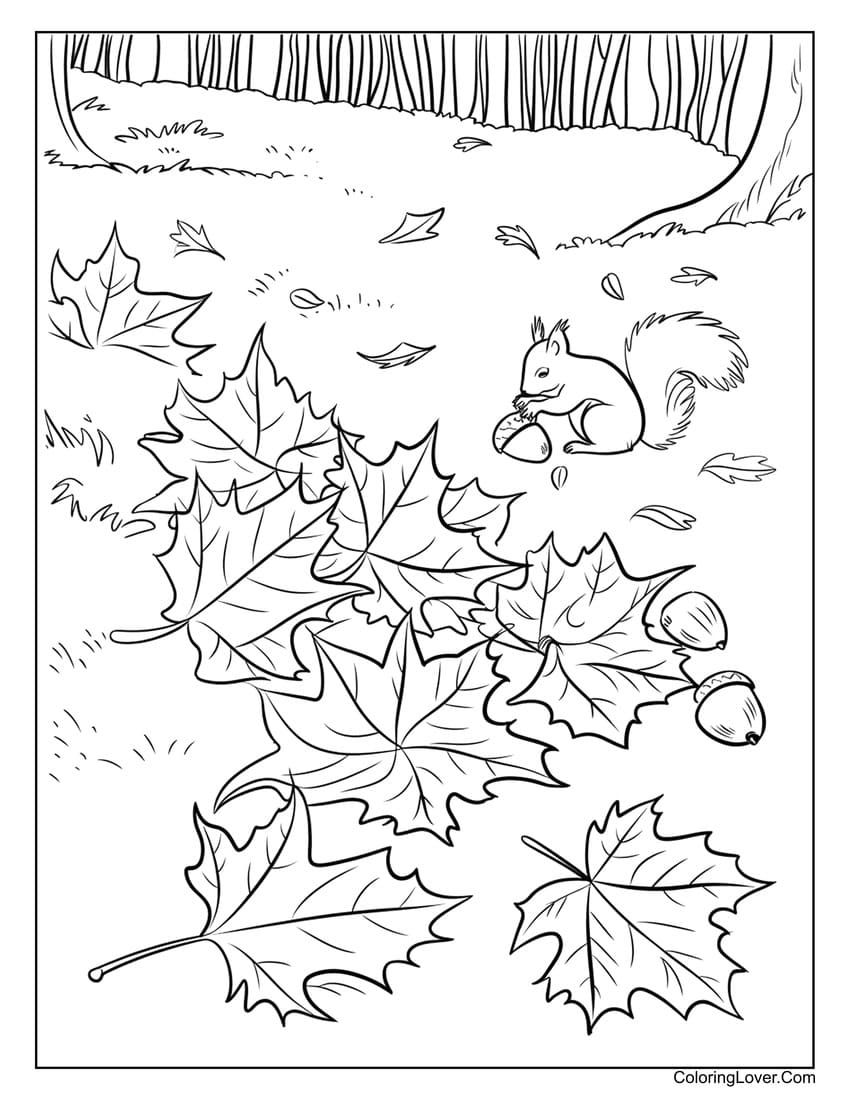 Squirrel with acorns and leaves coloring page