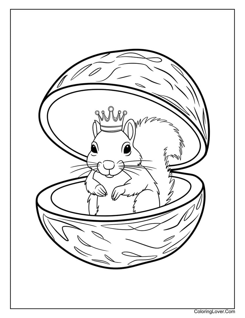 Squirrel with crown in a walnut shell coloring page