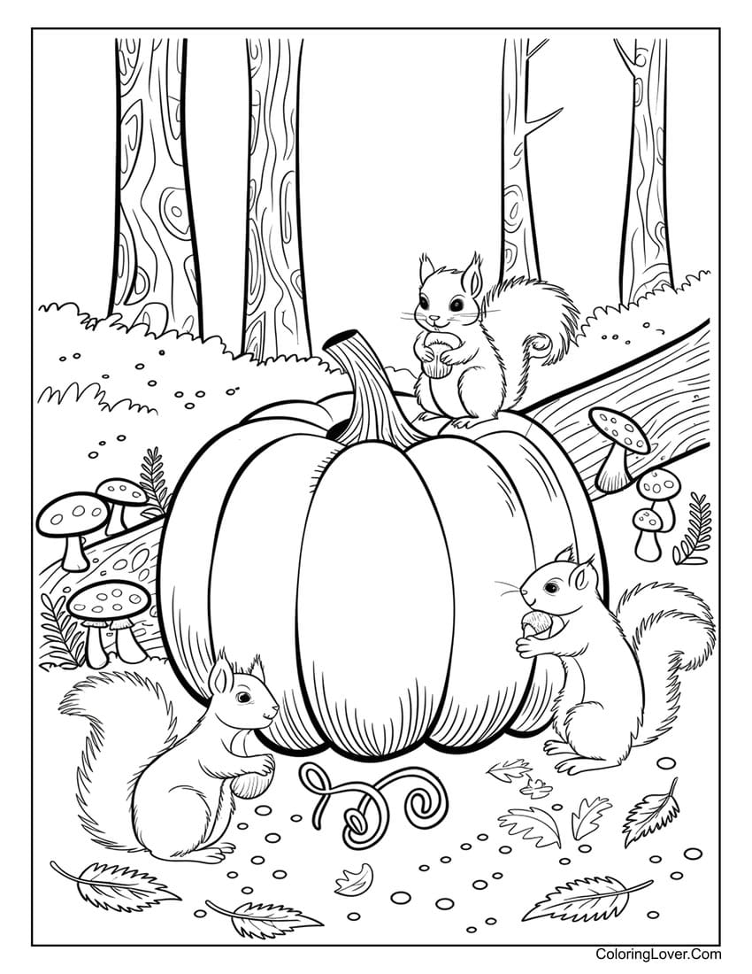 Squirrels playing with pumpkin coloring sheet for fall