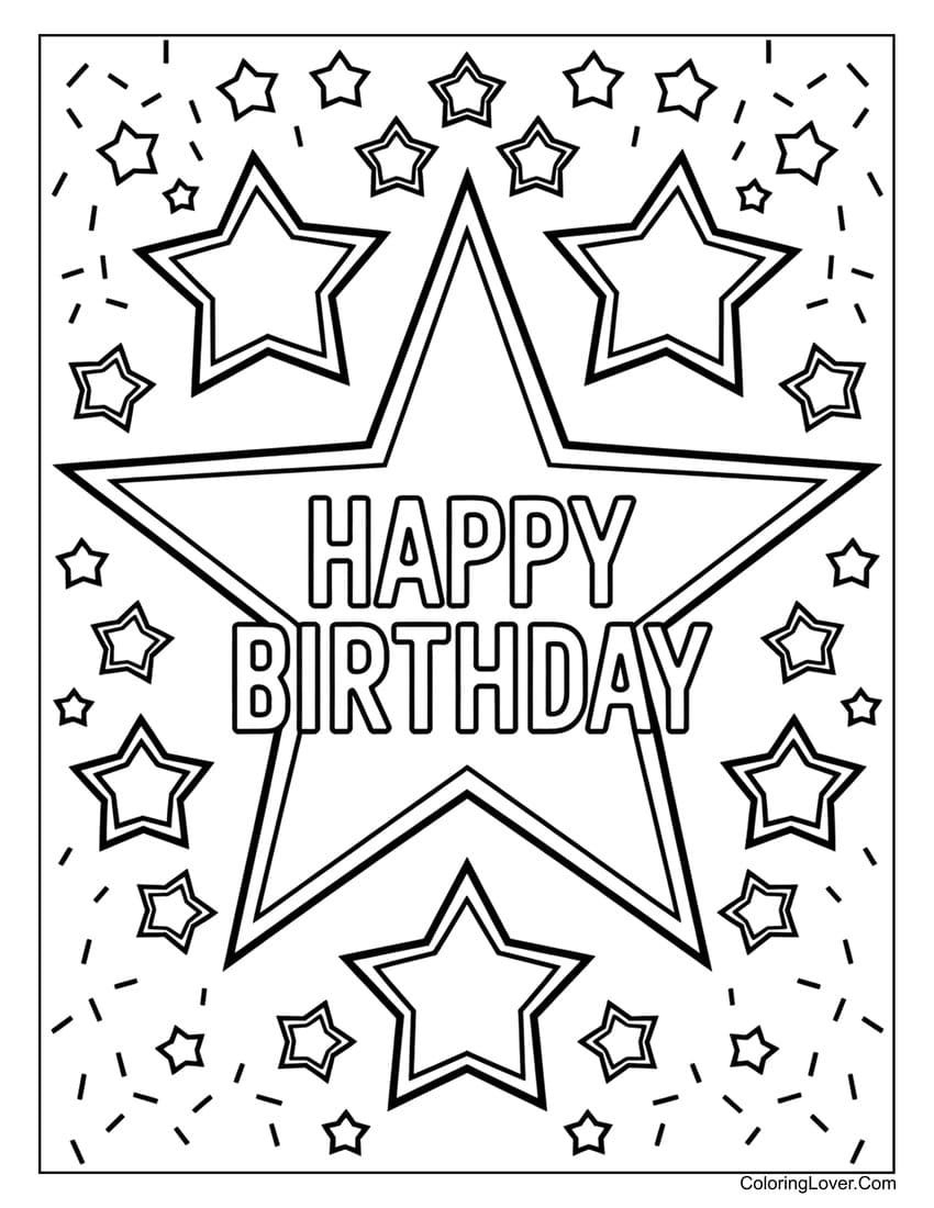 Starry background happy birthday printable coloring page