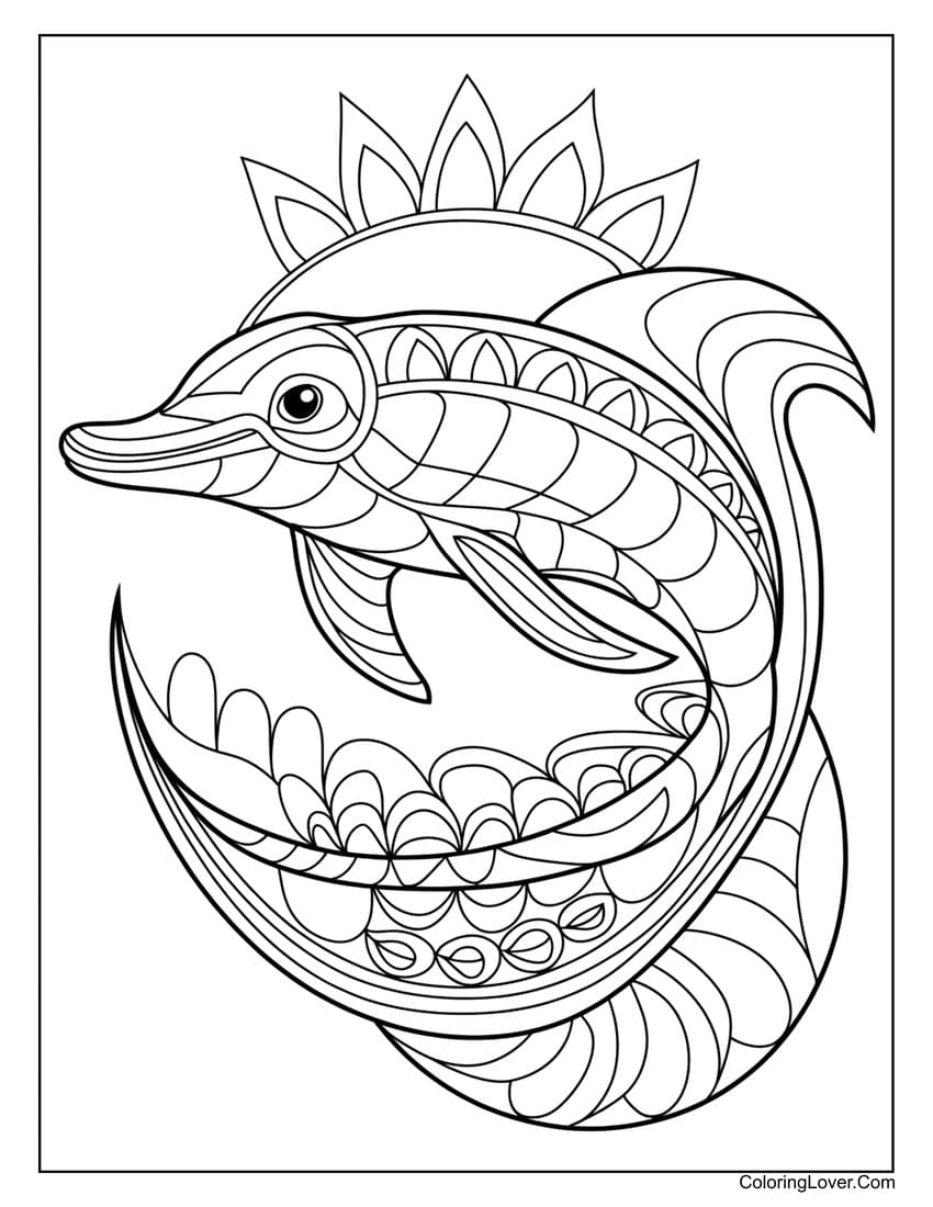 Stylized dolphin with intricate designs coloring page