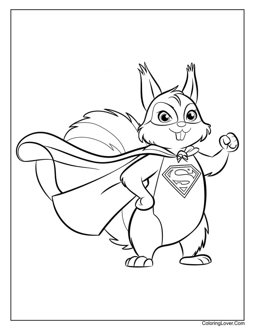 Superhero squirrel with cape coloring page for kids