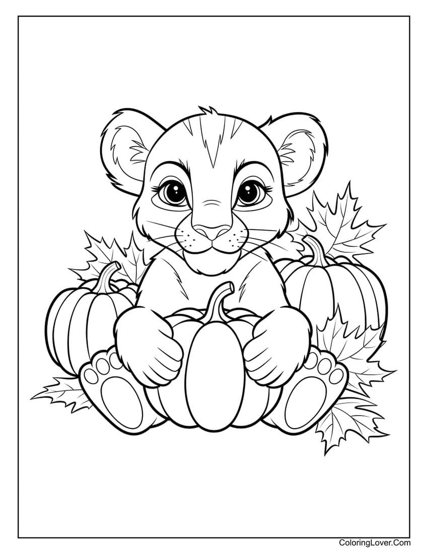 Thanksgiving lion cub with pumpkins coloring page