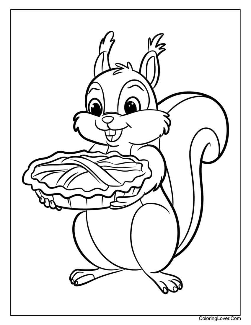 Thanksgiving squirrel holding apple pie coloring page