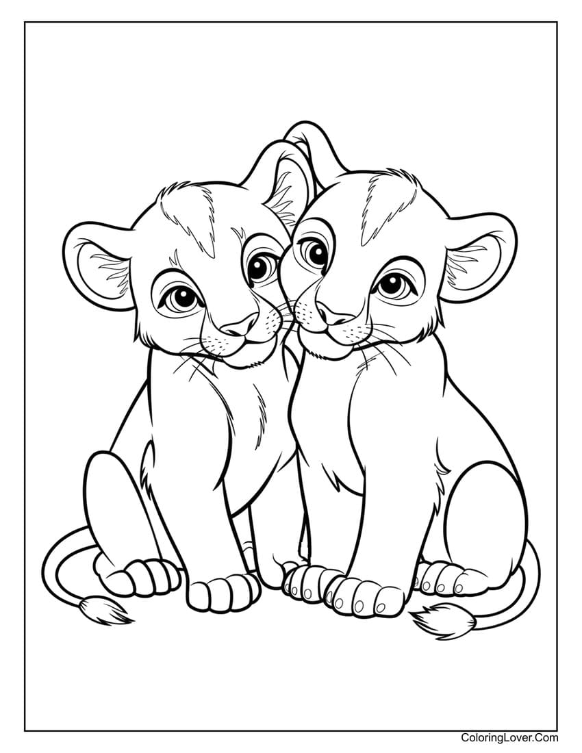 Two baby lions cuddling coloring page for kids