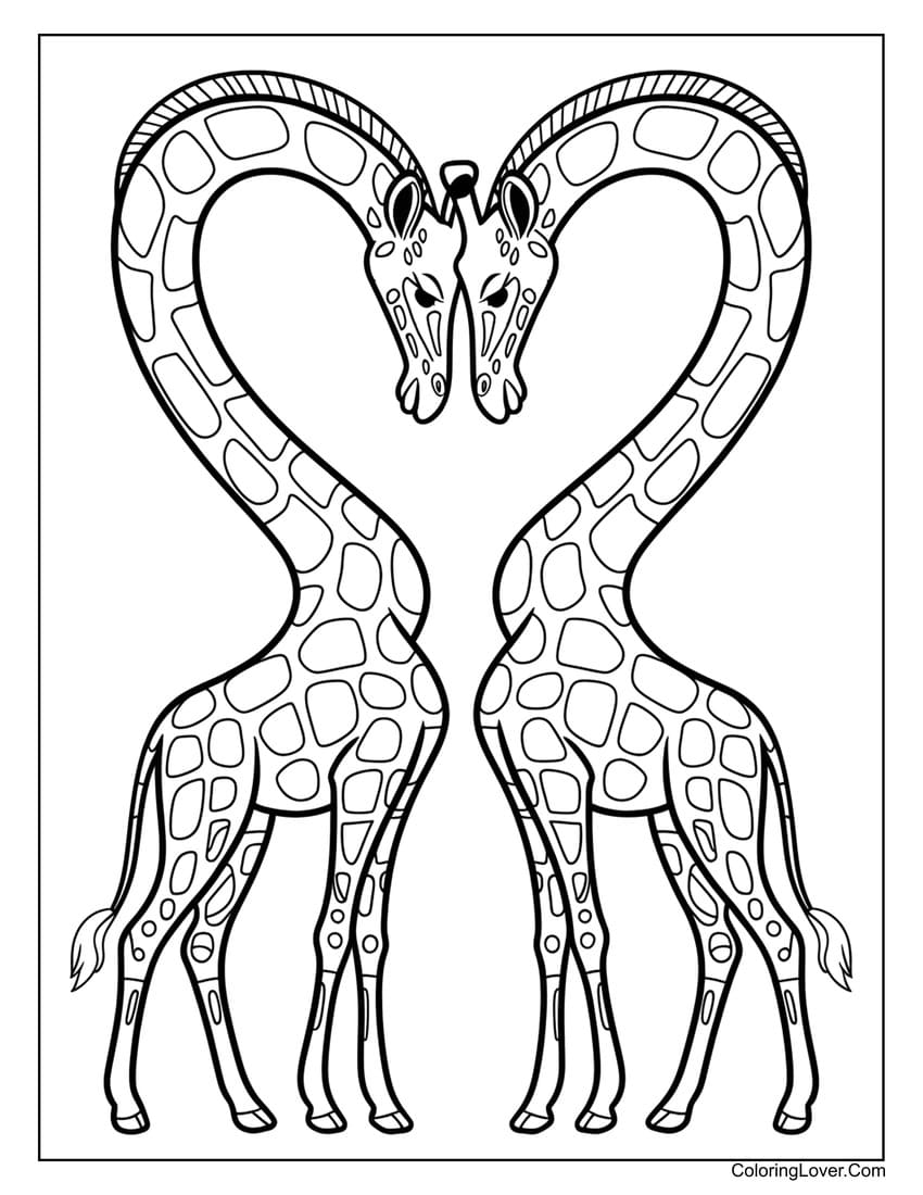 Two giraffes forming a heart coloring page