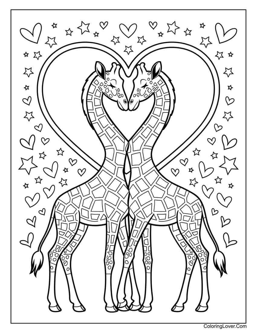 Two giraffes in love with heart shapes coloring page