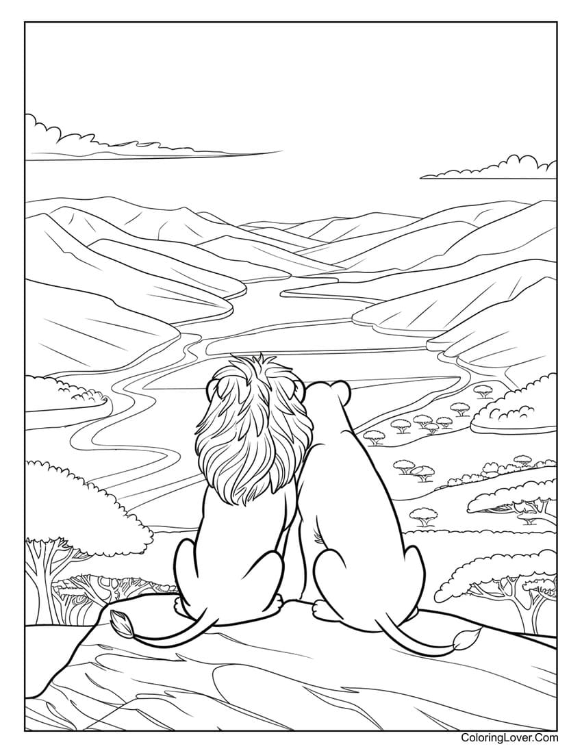 Two lions looking at landscape coloring page