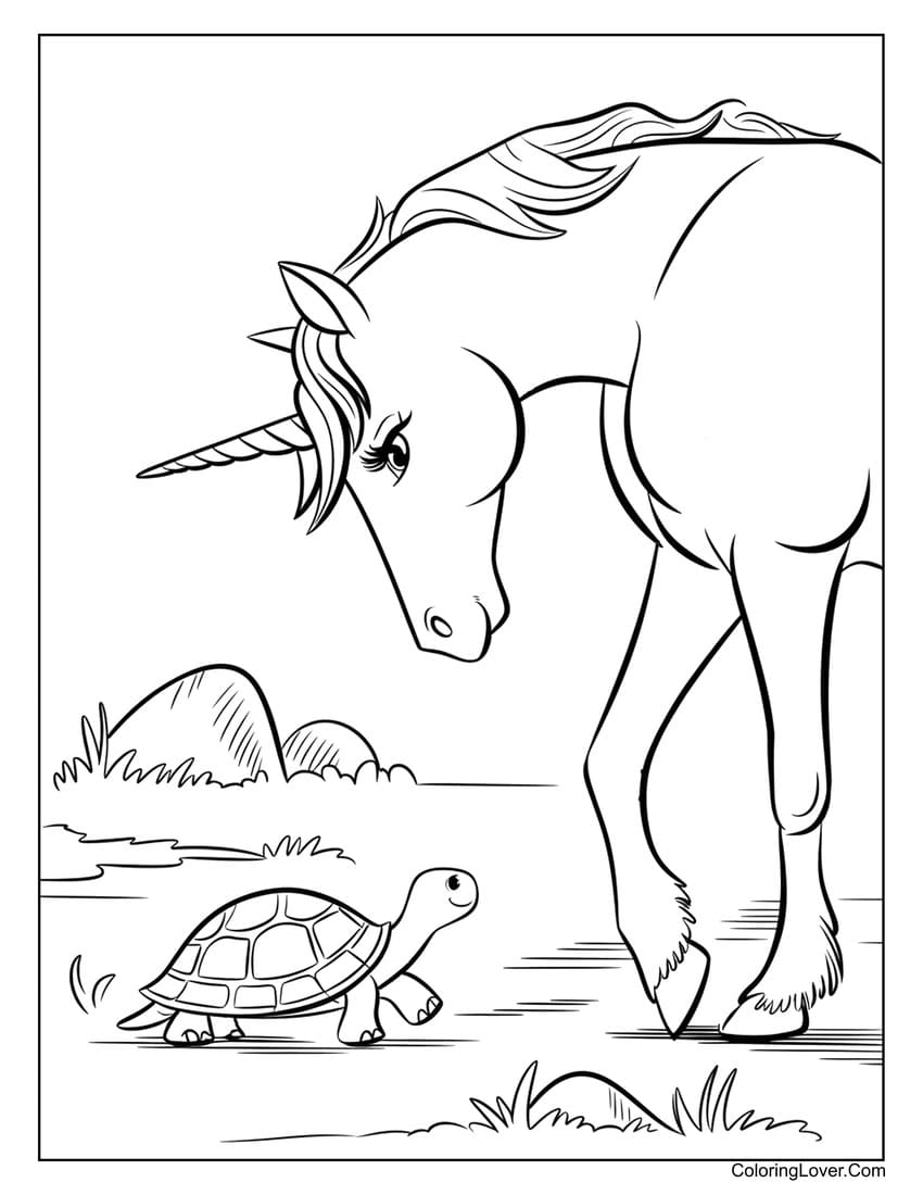 Unicorn and tortoise meeting coloring sheet for kids