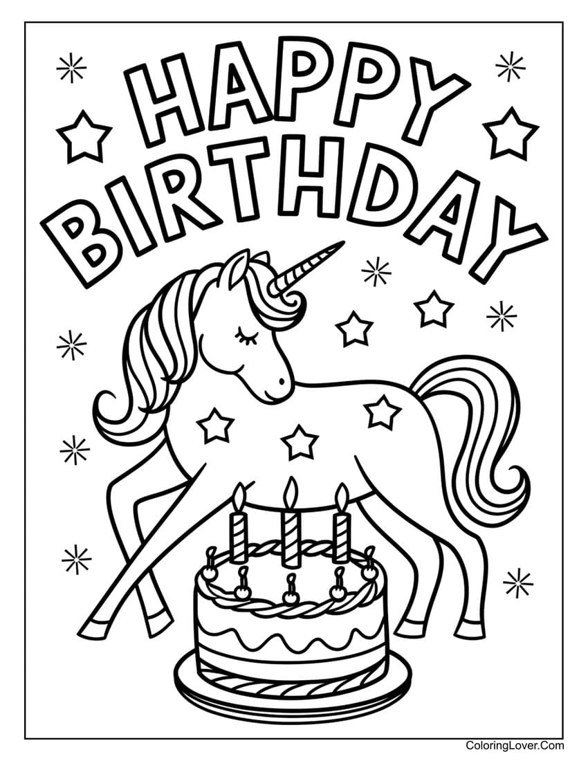 Unicorn birthday cake coloring page for kids