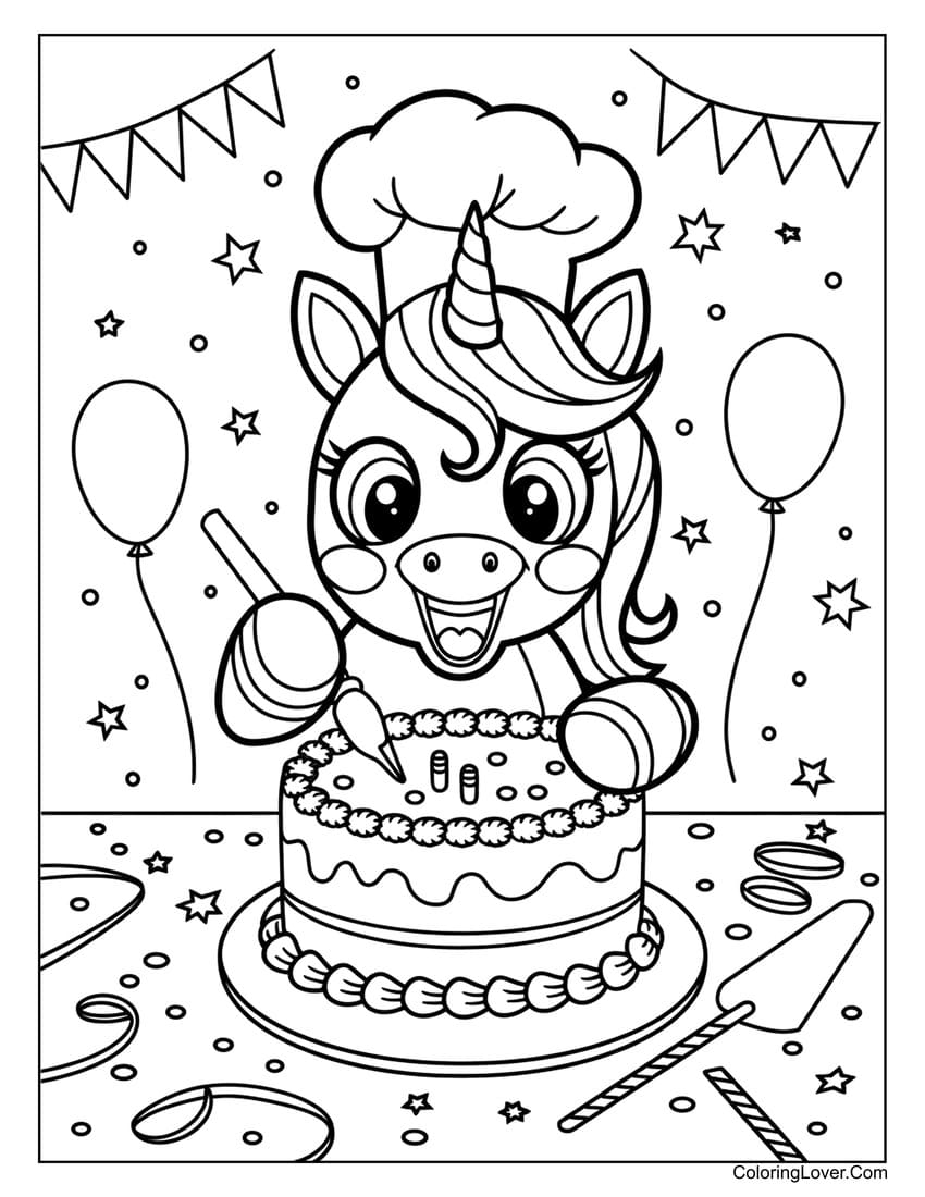 Unicorn decorating birthday cake coloring page for kids