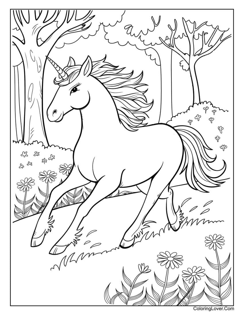 Unicorn running through forest coloring sheet for adults