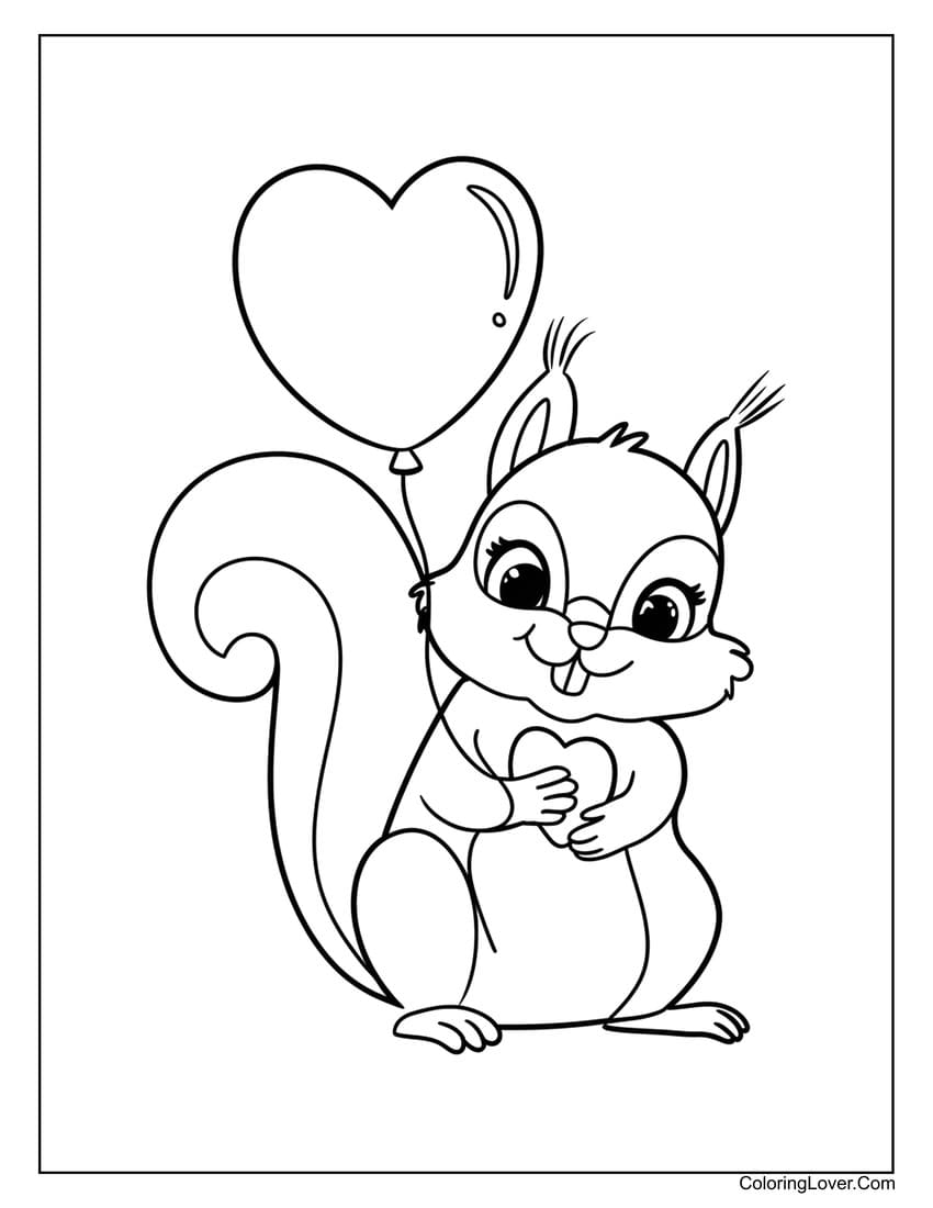 Valentine's Day squirrel with heart balloon coloring page for adults