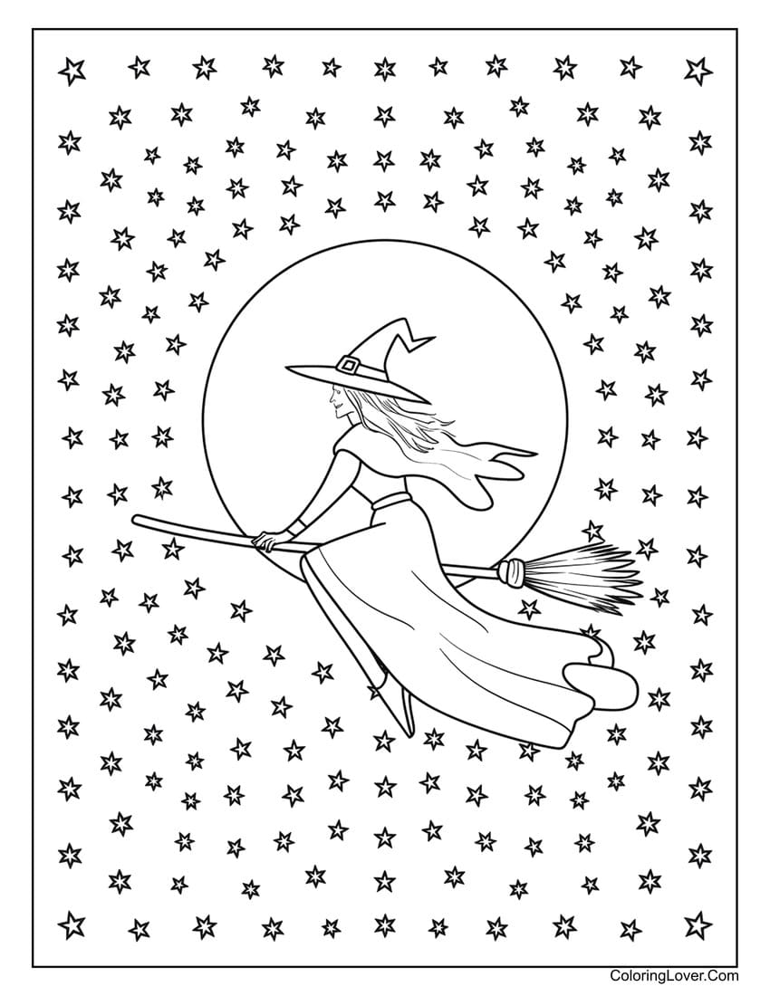 Witch flying on broomstick under moon coloring page