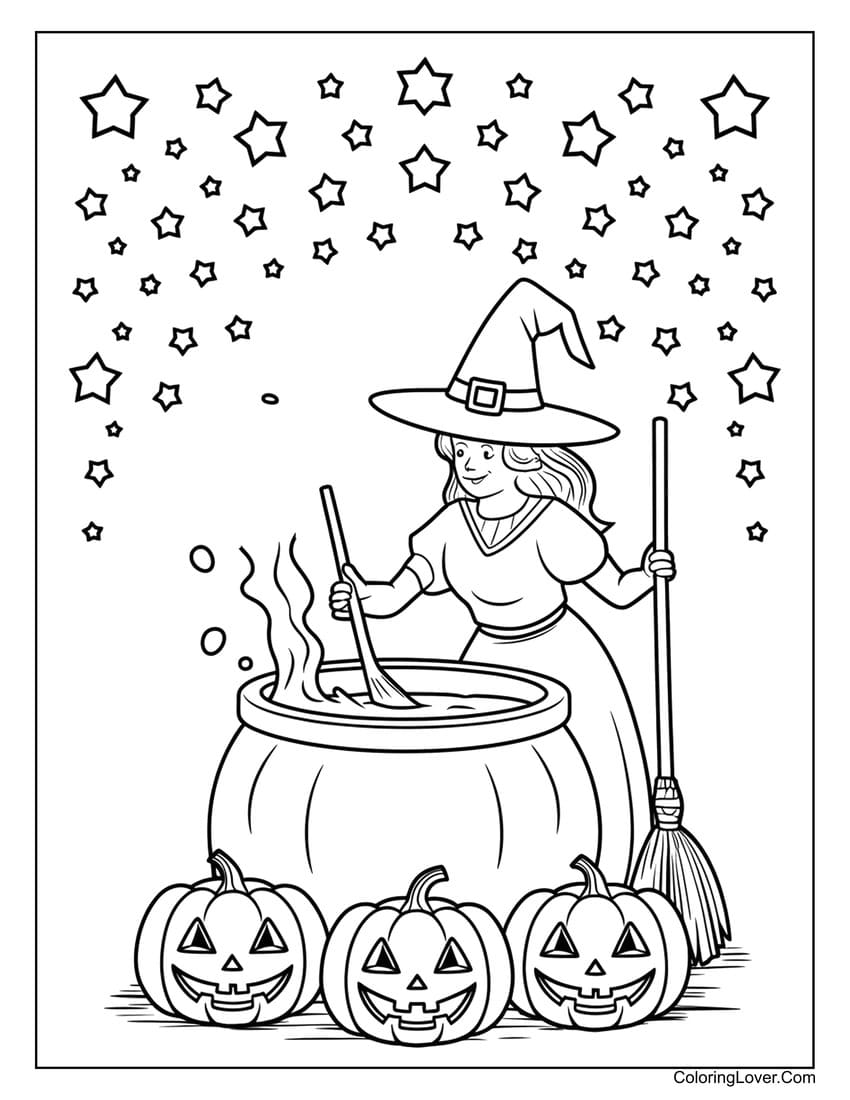 Witch stirring cauldron with pumpkins coloring page