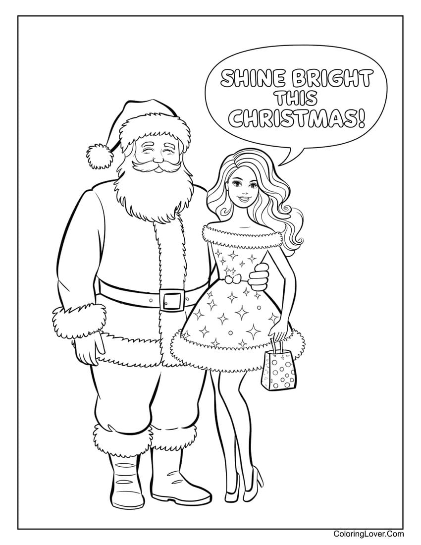 Barbie and Santa Claus Christmas coloring sheet for girls