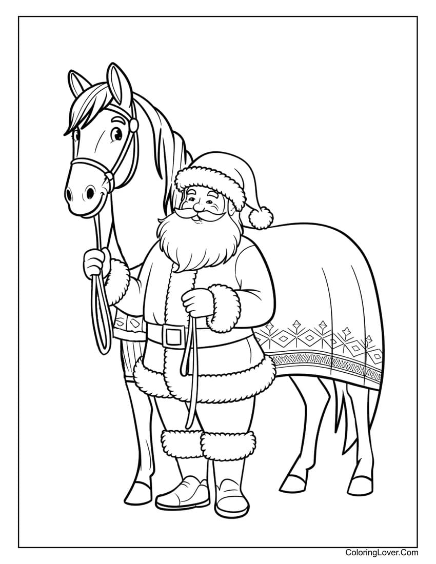 Santa Claus and horse coloring sheet