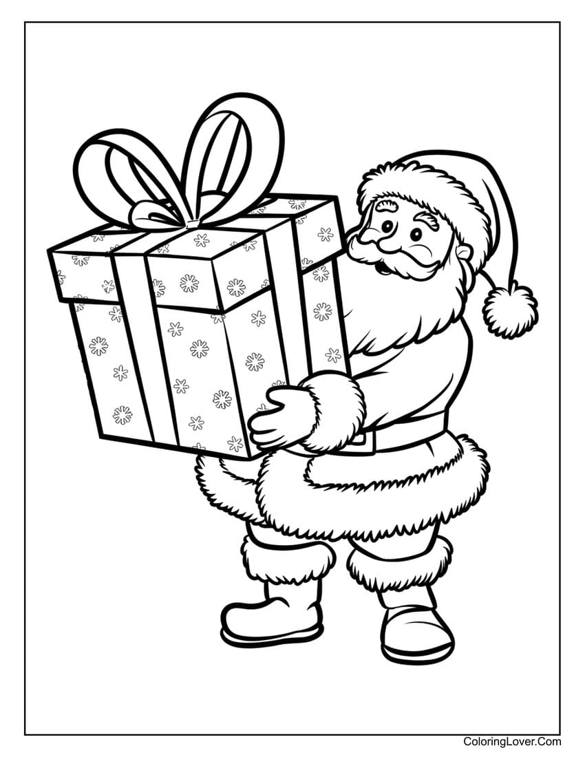 Santa Claus with large gift coloring page for preschoolers